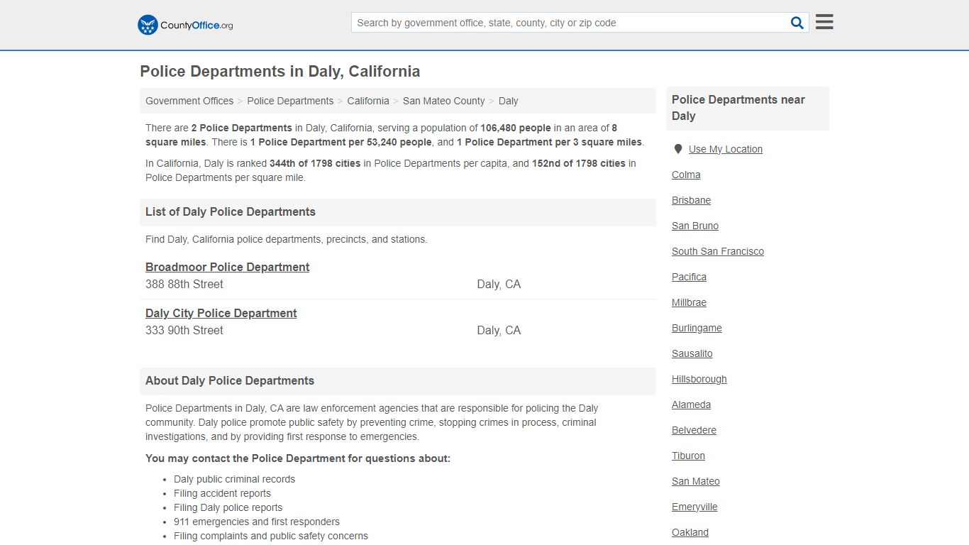 Police Departments - Daly, CA (Arrest Records & Police Logs)